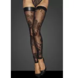 Tiulowe pończochy samonośne Noir Handmade F243 Tulle stockings with patterned flock embroidery and Powerwetlook band at the top S