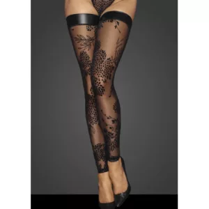 Tiulowe pończochy samonośne Noir Handmade F243 Tulle stockings with patterned flock embroidery and Powerwetlook band at the top S